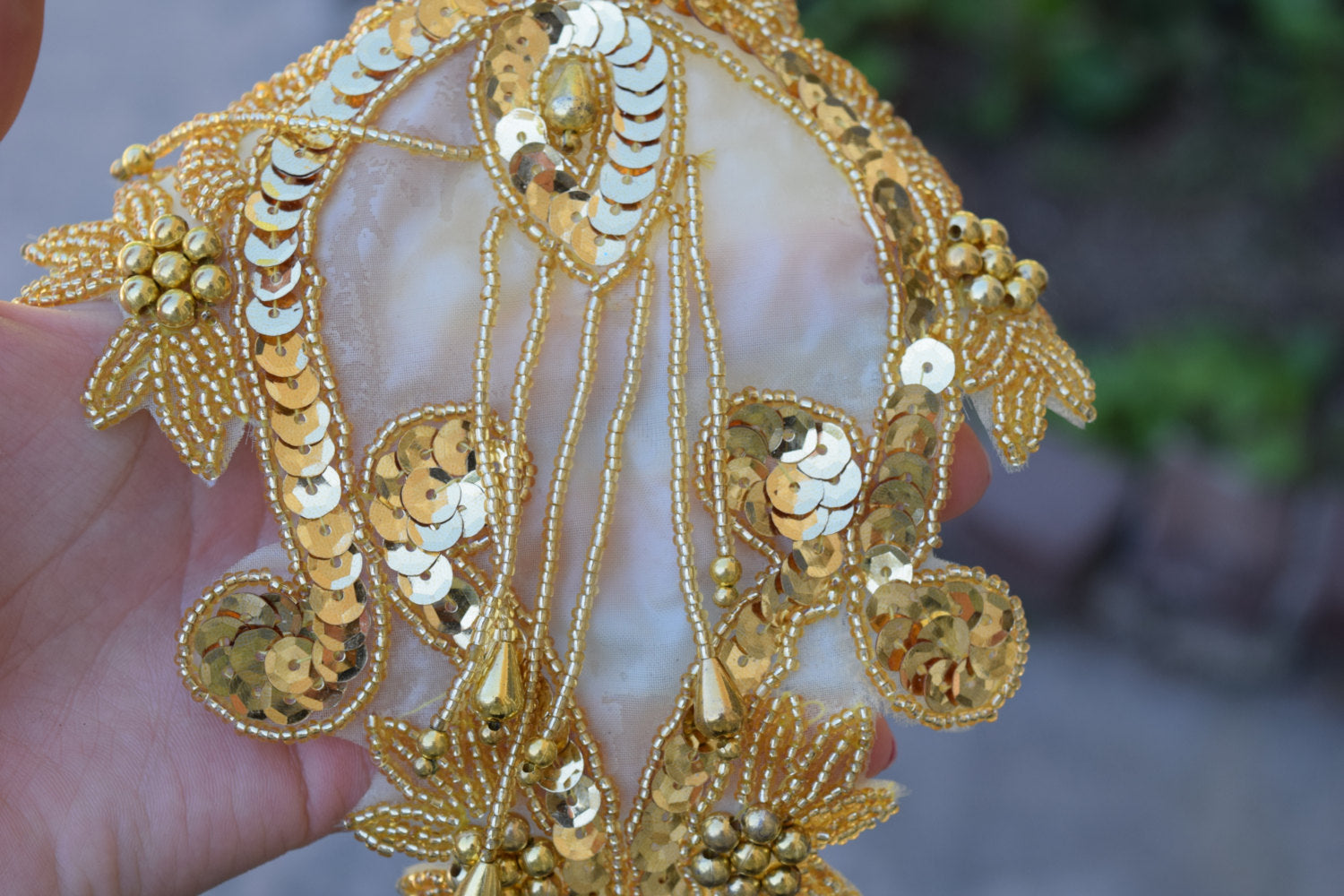 1 Gold Oversized Gold Neck Piece Beaded and Sequined Applique with Dangling Beads Hot Fix