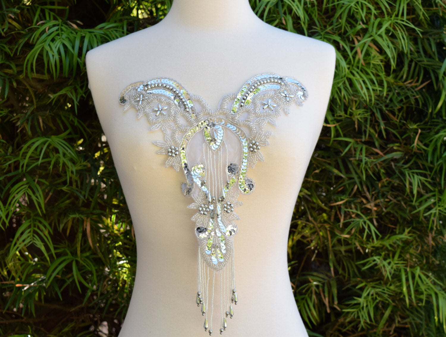 1 Silver Beaded and Sequined Iron on Applique