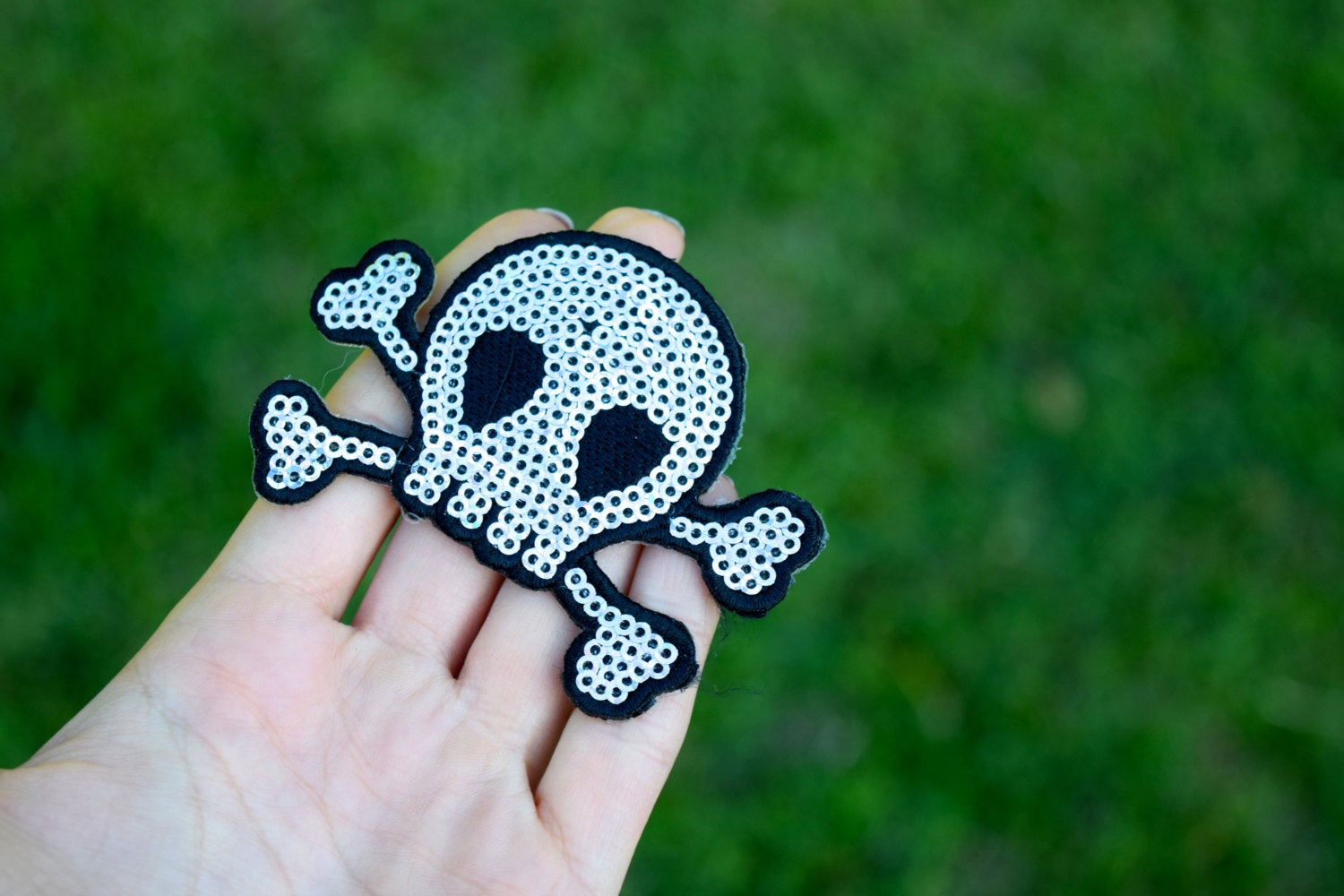 1 Silver Sequined Felt Skull Patch Skull and Bones Patch