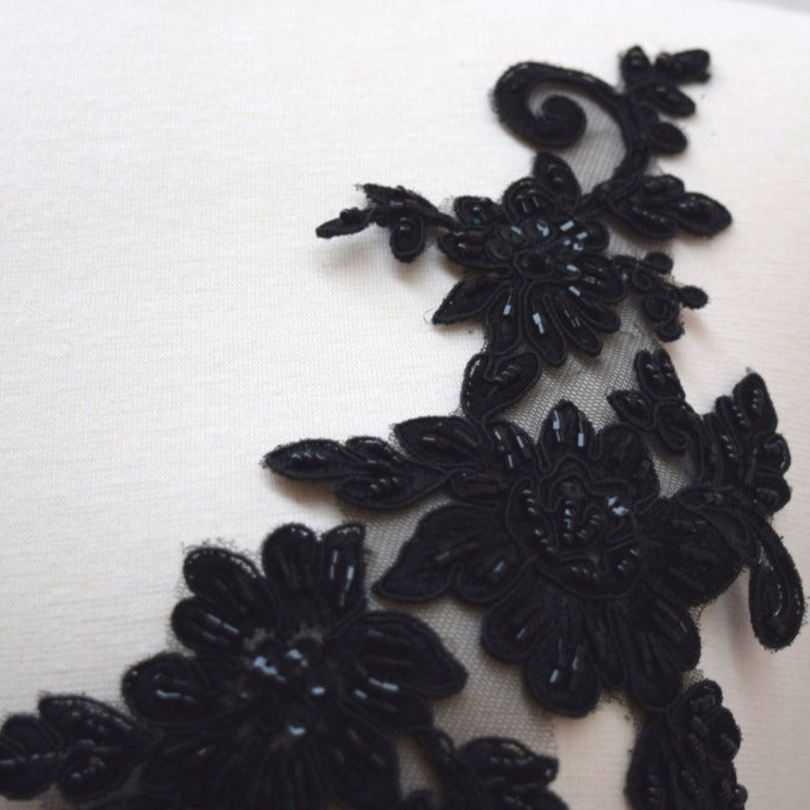 2 Calantha's Black Heavily Beaded Flower Mirrored Applique