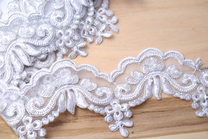 1 Yard 2.5" Stellar Silver Bridal Lace Trim Embellished with Pearls and Sequins