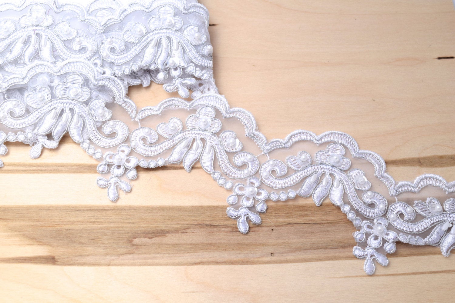 1 Yard 2.5" Stellar Silver Bridal Lace Trim Embellished with Pearls and Sequins