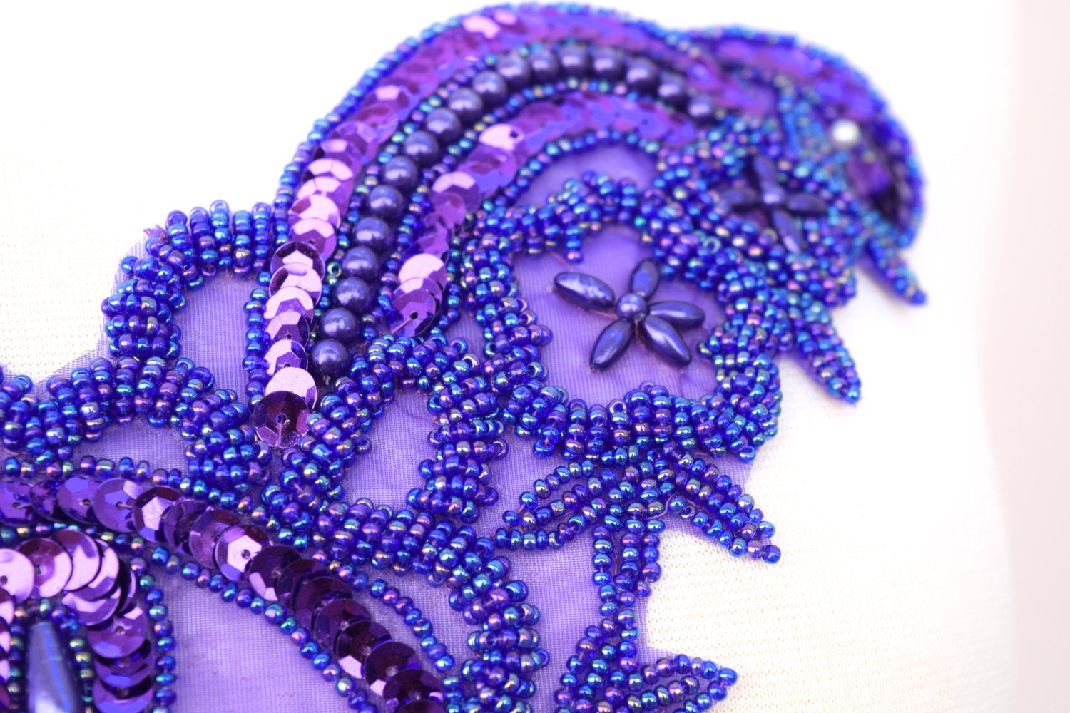 1 Purple Beading and Sequining with Dangling Bead Fringe Patch Applique