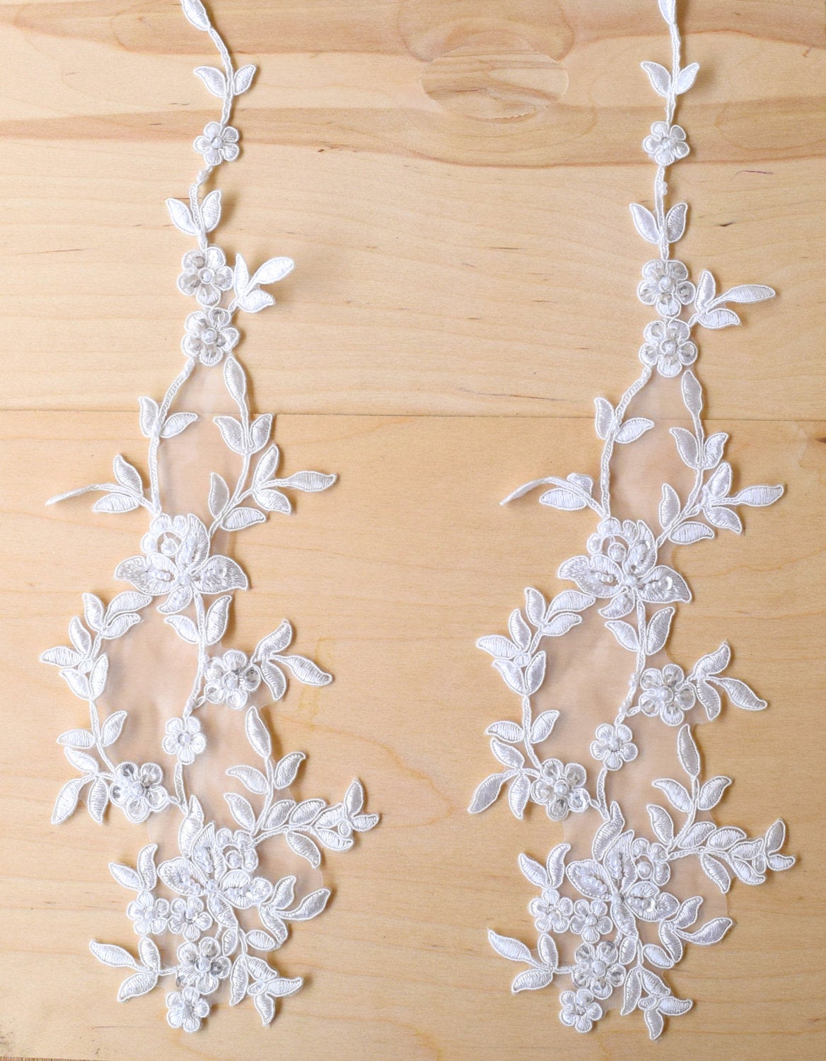 1 Pair White or Ivory Beaded floral Lace applique.