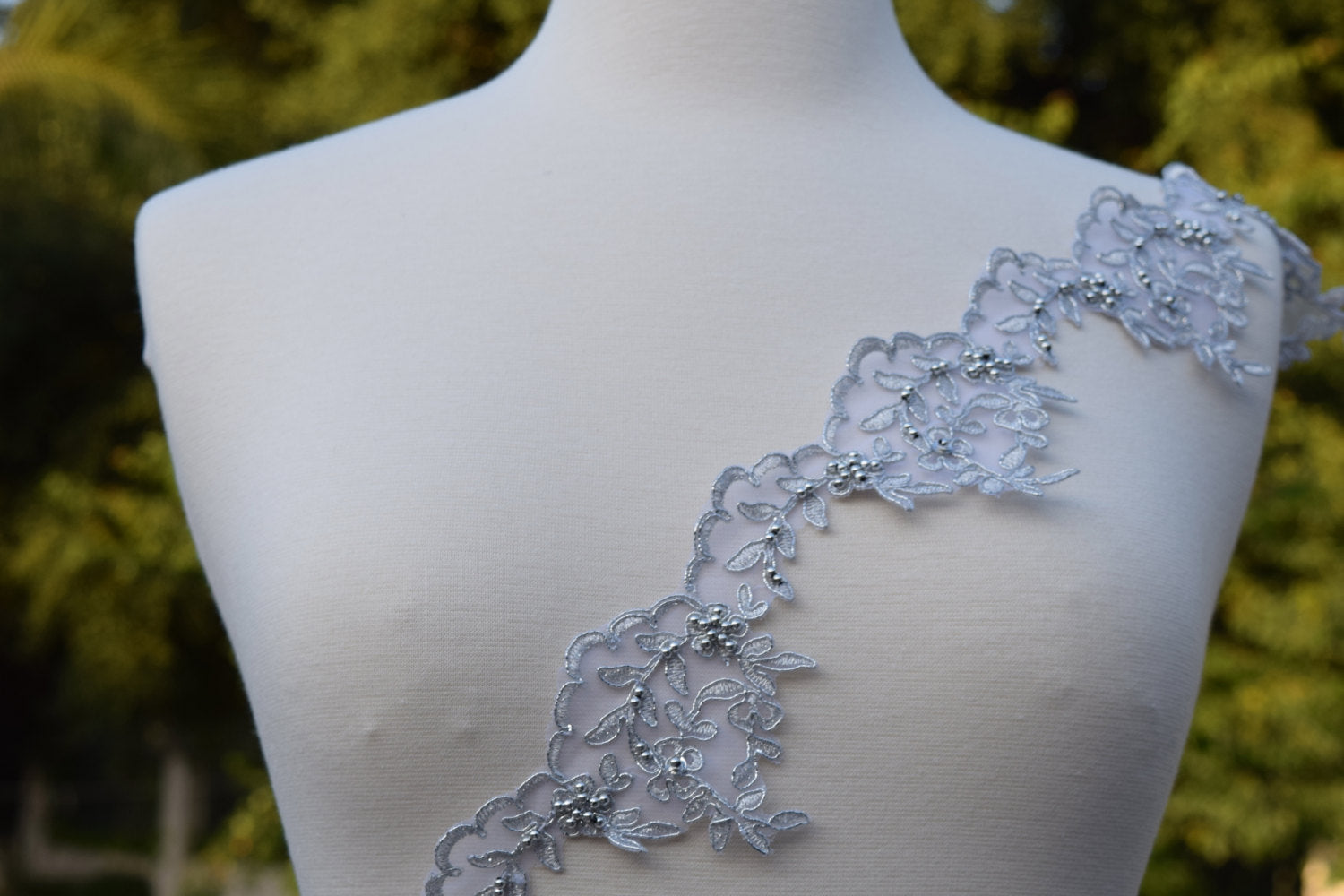 Shimmery Silver Polyester Lace Trim with Silver Balls as Beading