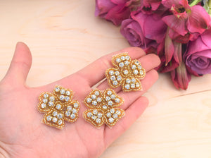 6 Pieces 1.5" Gold or Silver Quattro Petal Rhinestone Flower Patch/Applique