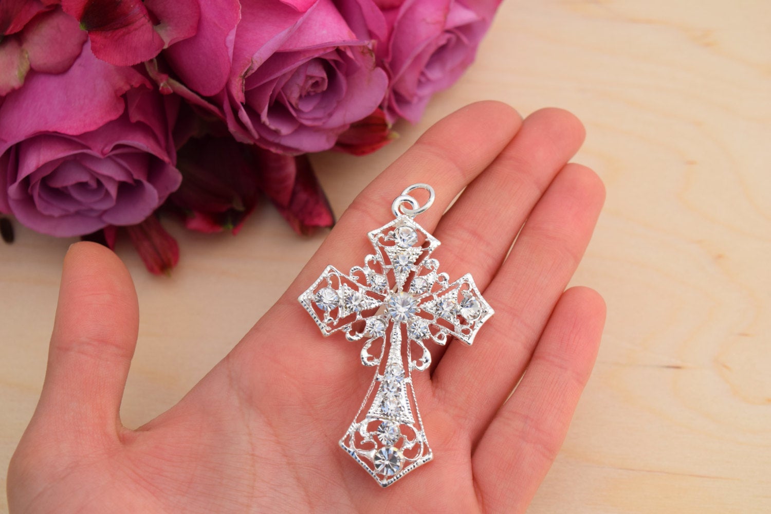 1 Diamond  Gold or Silver Rhinestone Cross Charm