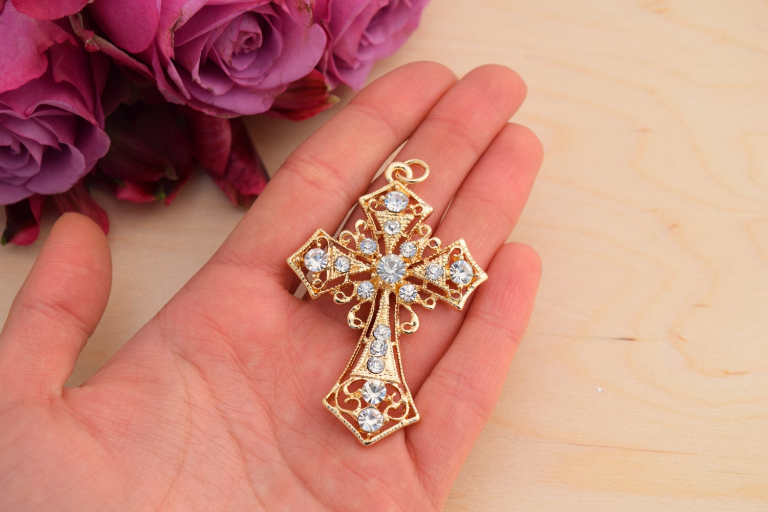 1 Diamond  Gold or Silver Rhinestone Cross Charm