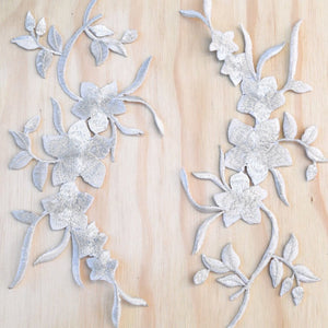 2 Silver Icy Metallic Hawaiian Inspired Shape Embroidery Flower Patch Applique