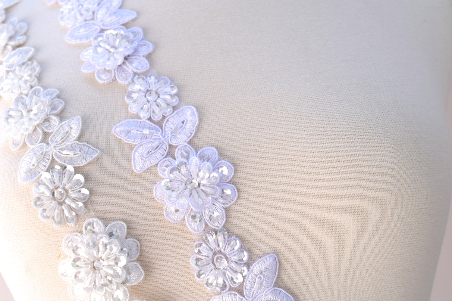 18" White or Ivory Lace Trim with Beaded 3D Flower and Leaf