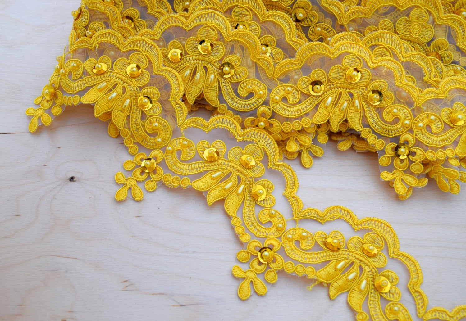 Boldly Glamorous Yellow Beaded Lace Trim with Tasteful Sequins- AUEROLINE