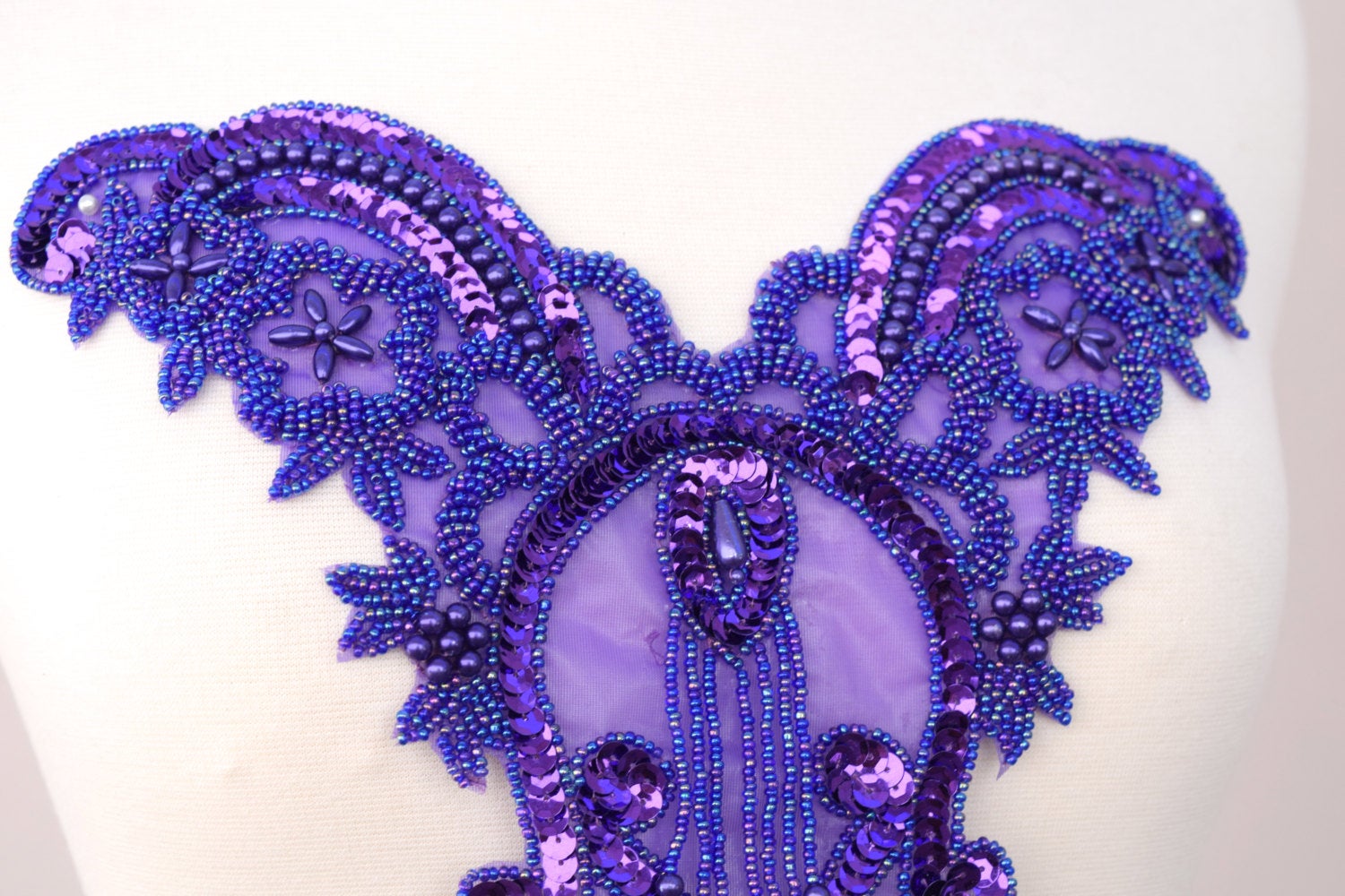 1 Purple Beading and Sequining with Dangling Bead Fringe Patch Applique