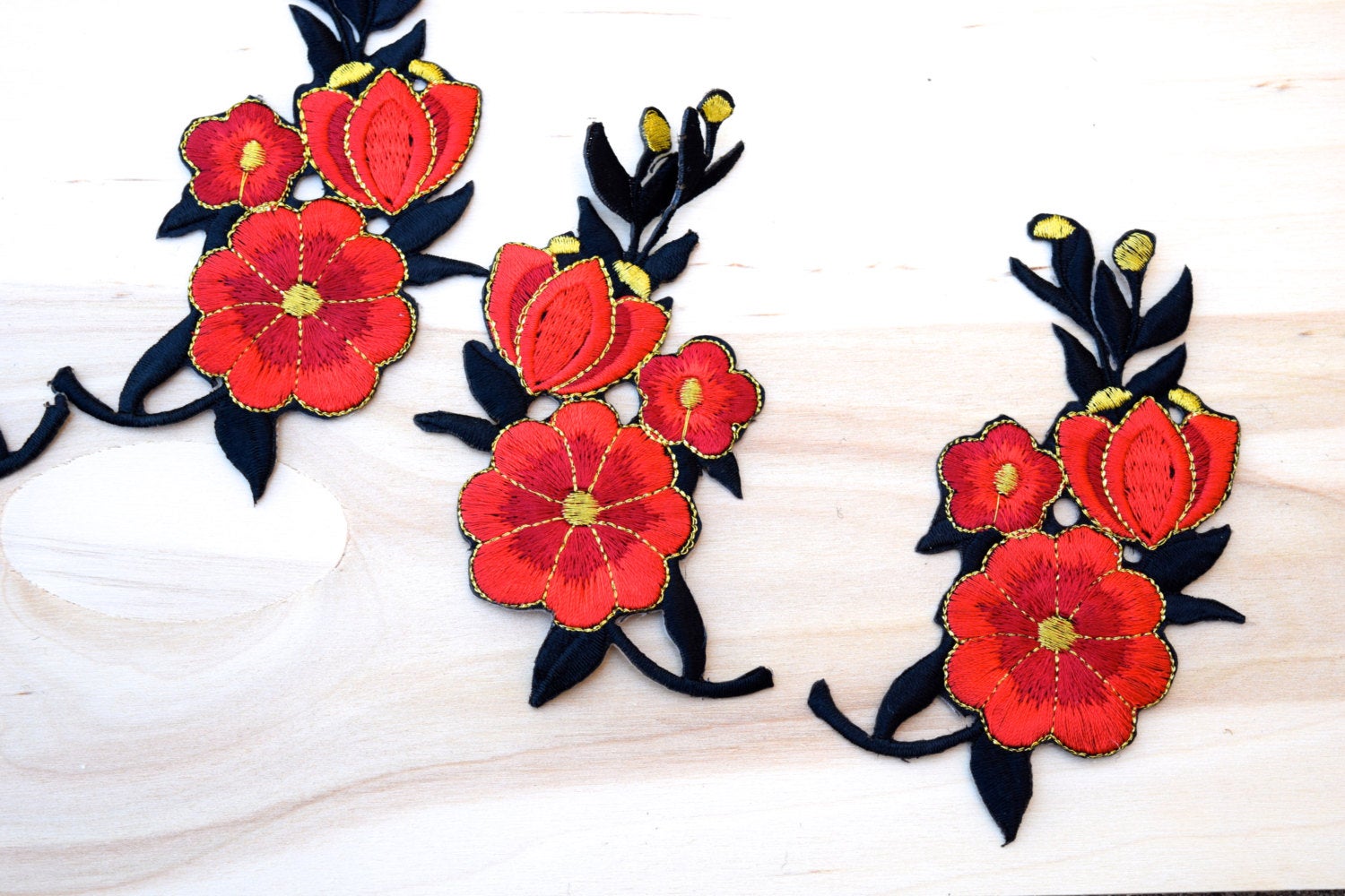 Black and Red Embroidered Flower Patches - 4 Patches (2 pairs)