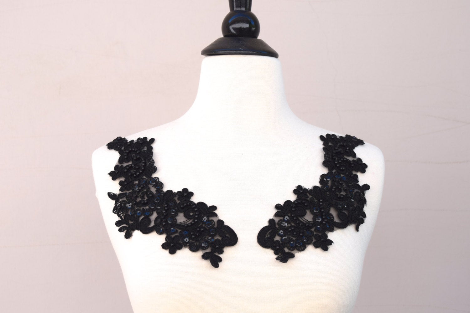 Posh Black Sequined Soaked Beaded Lace Applique