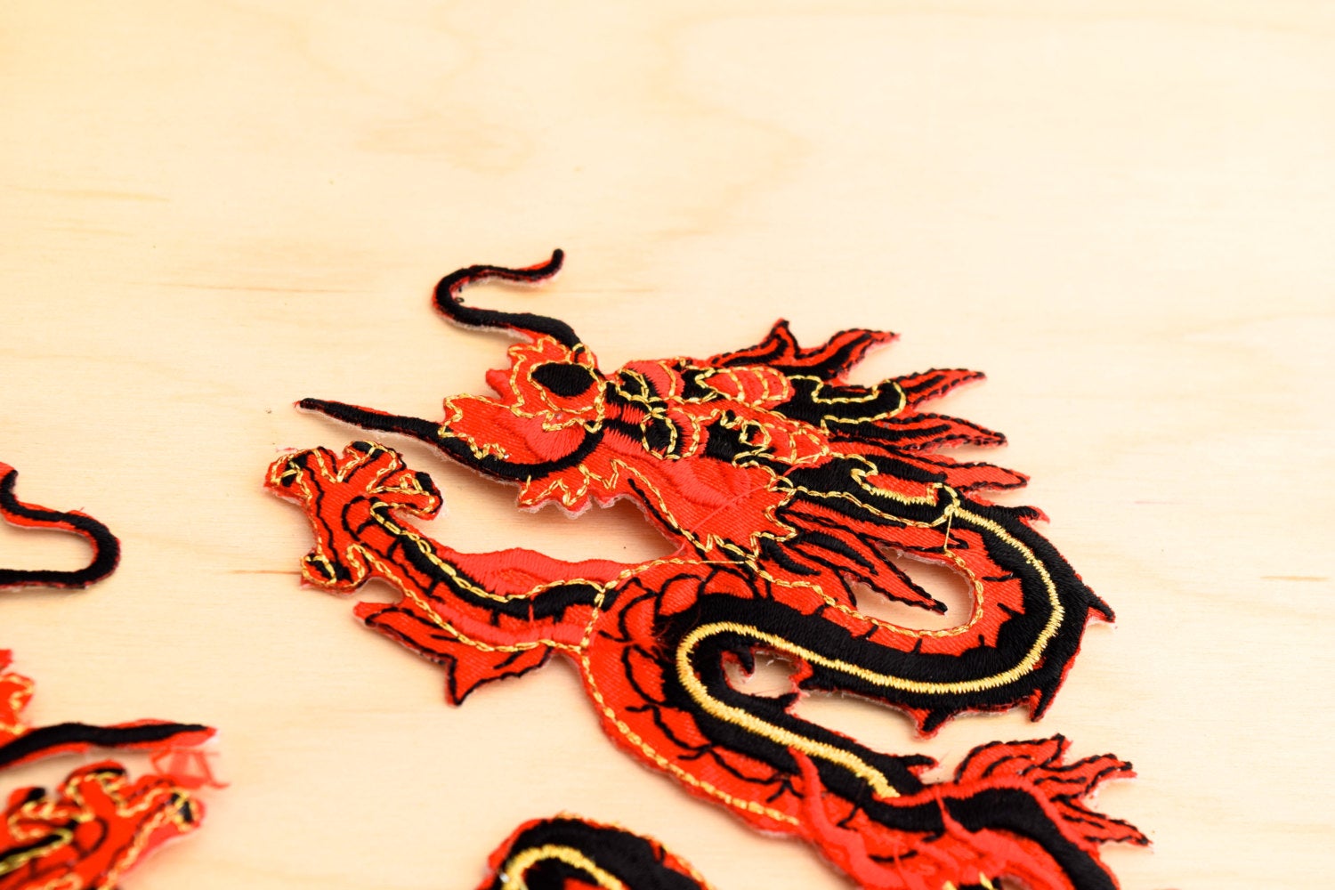 1 Pair 5.5" Red, Black and Gold Chinese Dragon Embroidery Patch Applique