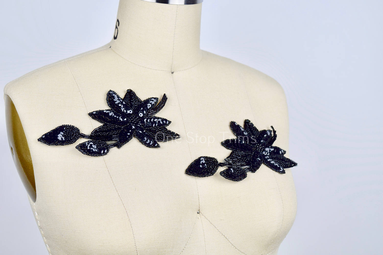 Black Beaded Applique 2 Piece Heavily Beaded Stunning Black Mirrored  Applique Set on Black Mesh with Flower Motif- CALANTHA