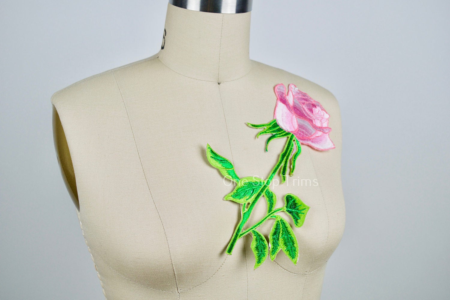 1 Pink Rose Green Stem and Leafs Large Patch Embroidery Applique