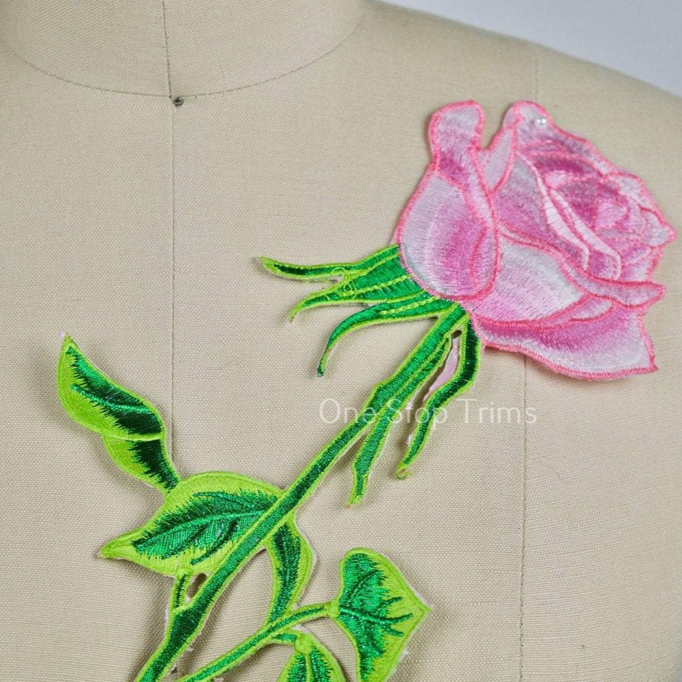 1 Pink Rose Green Stem and Leafs Large Patch Embroidery Applique