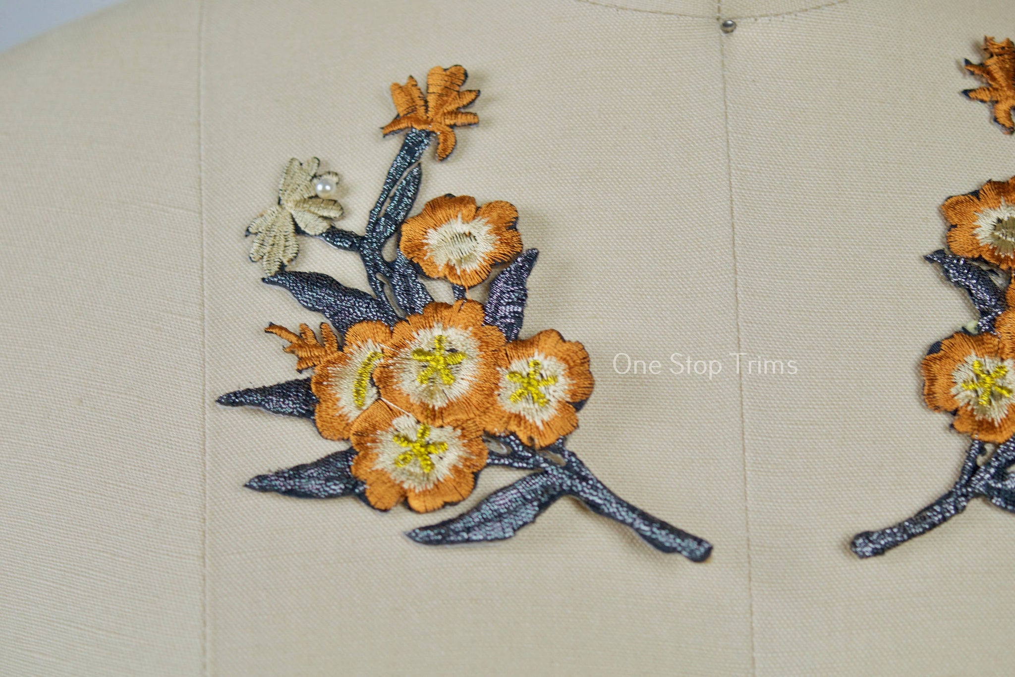 1 Pair Camel and Charcoal Embroidery Flower Patch Applique