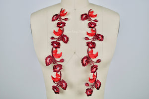 2 Lengthy Cherry Red and Burgundy Flower Patches/Appliques