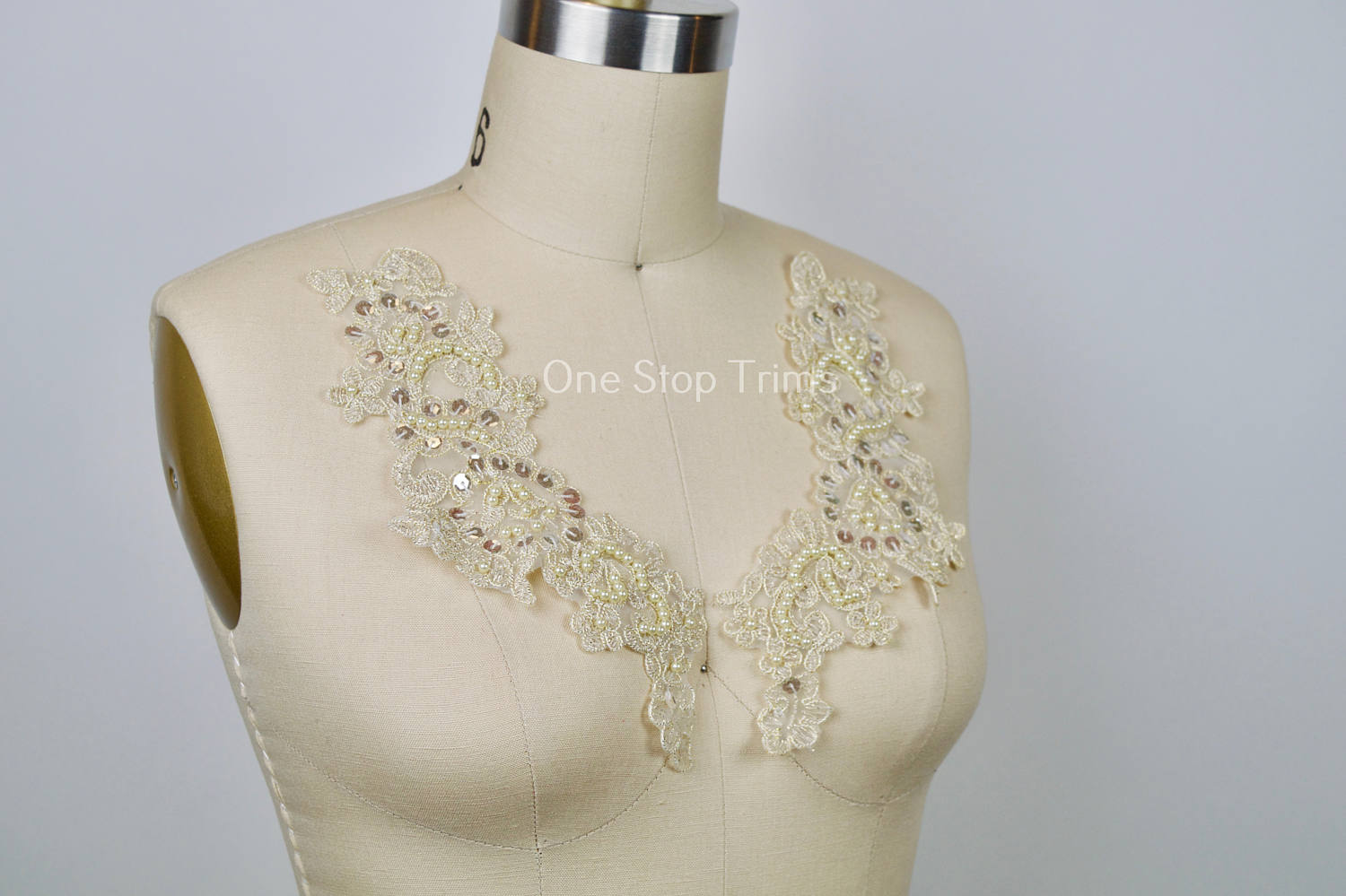 2 Champagne Gold Beige Color with Beads and Clear Sequins Antique Lace Patch Applique