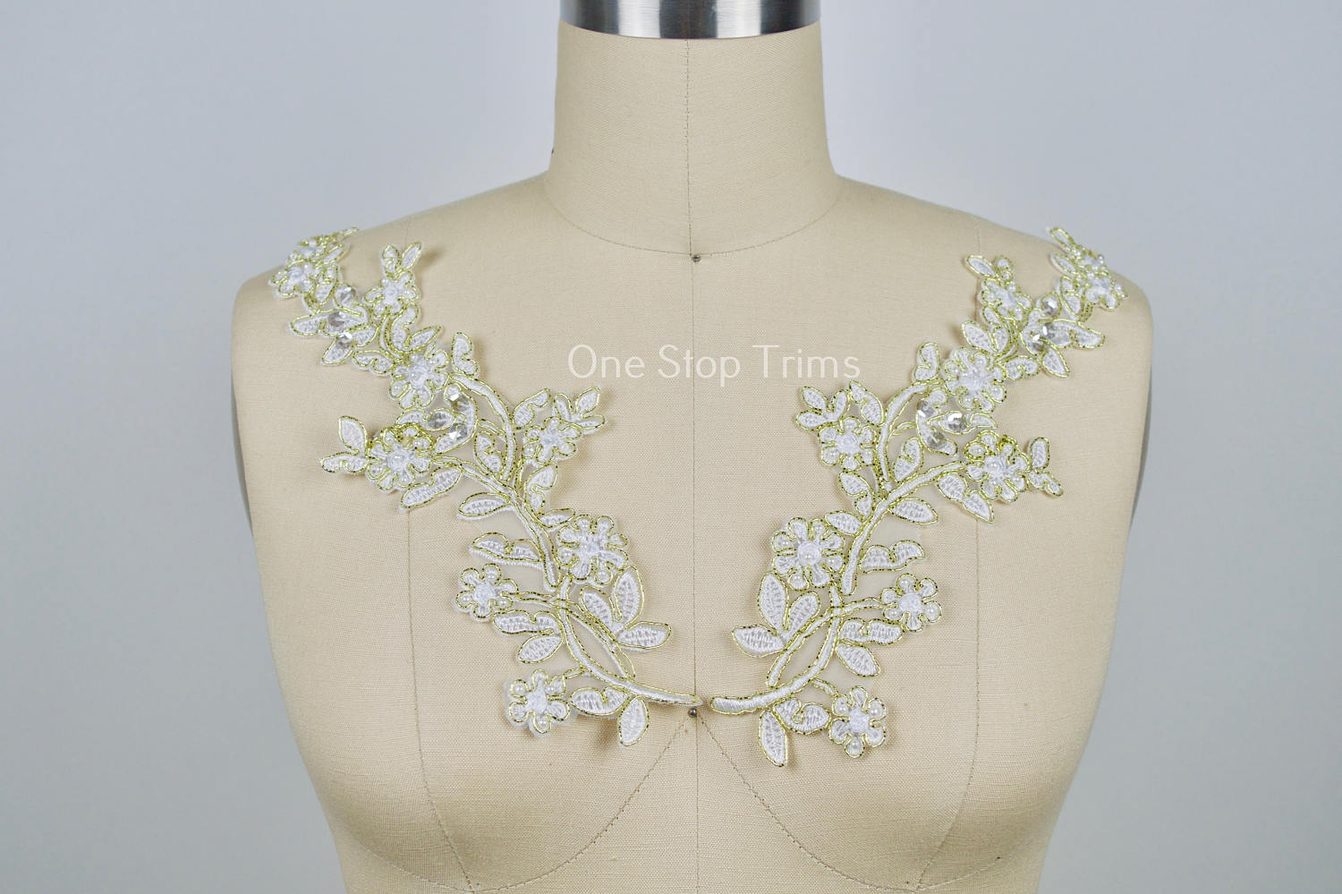 Quaint Floras White and Gold Beads and Sequins Applique