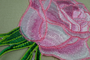 1 Pink Rose Green Stem and Leafs Large Patch Embroidery Applique