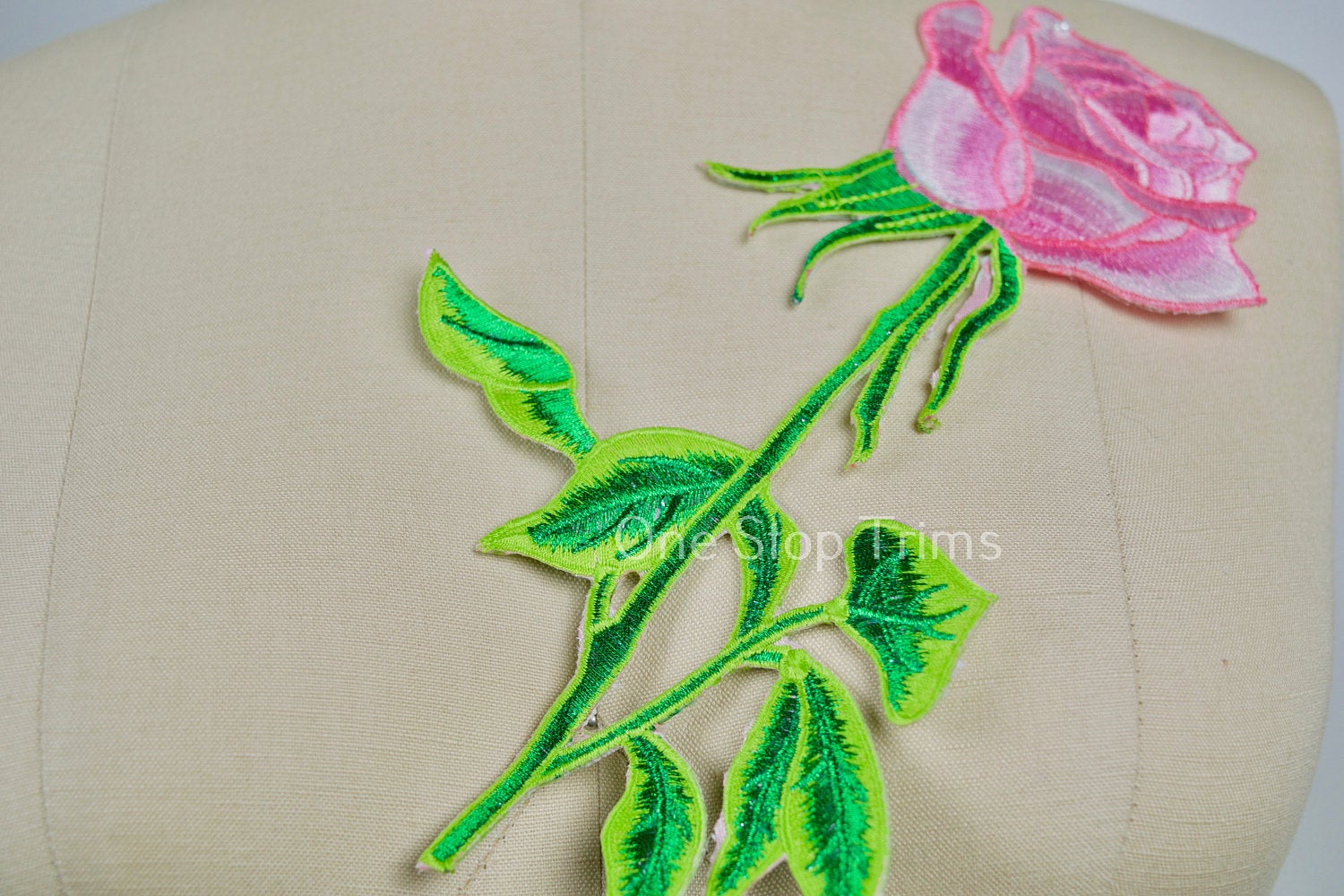 1 Pink Rose Green Stem and Leafs Large Patch Embroidery Applique