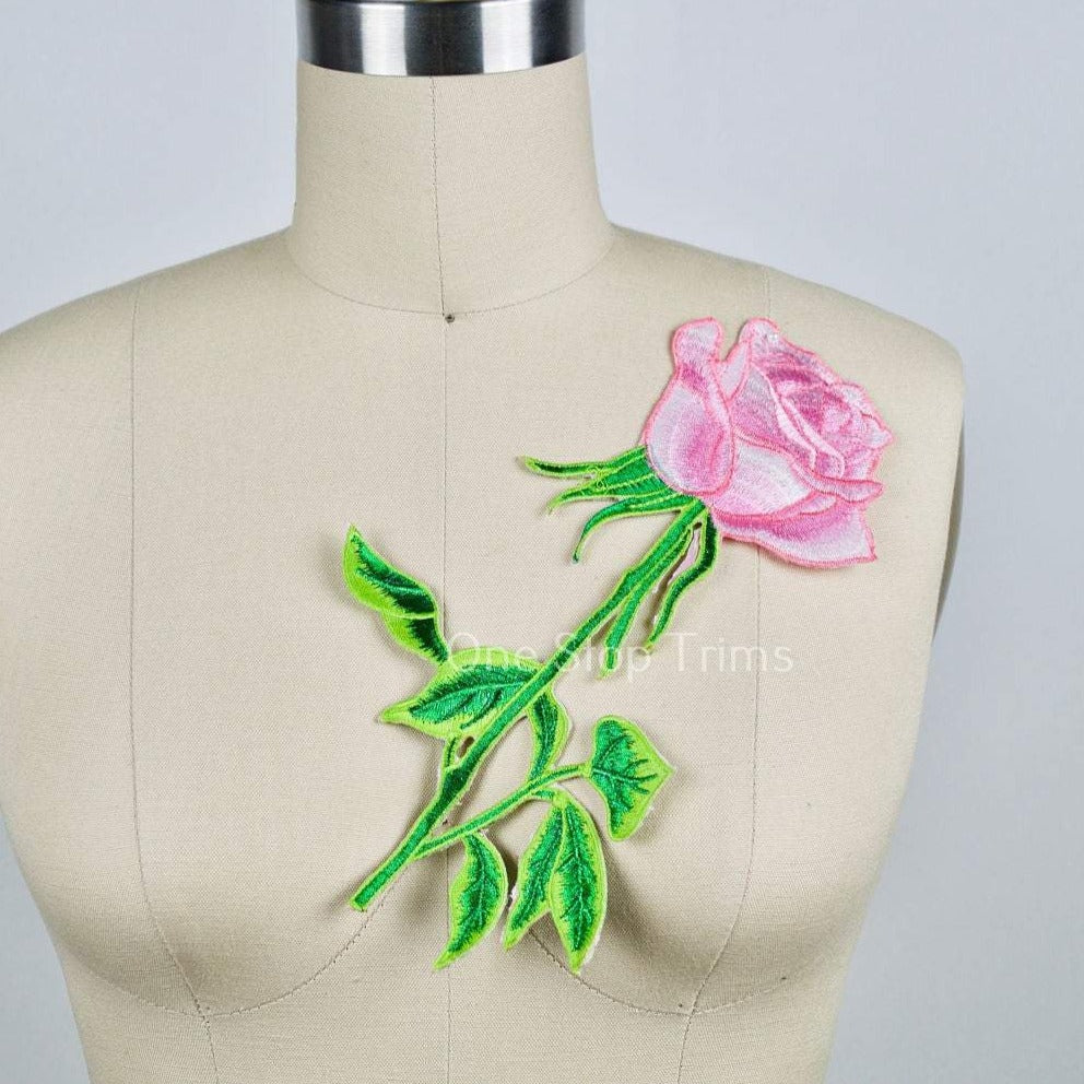 1 Pink Rose Green Stem and Leafs Large Patch Embroidery Applique