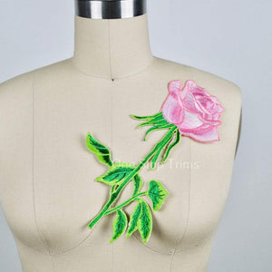 1 Pink Rose Green Stem and Leafs Large Patch Embroidery Applique