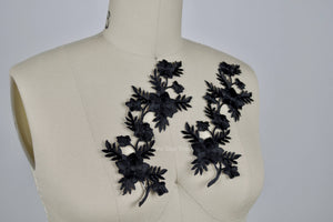 2 Black Embroidery Flower Patch/ Applique