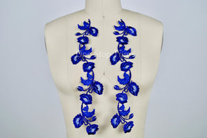 2 Lengthy Embroidered Royal Blue Flower Patches/ Appliques