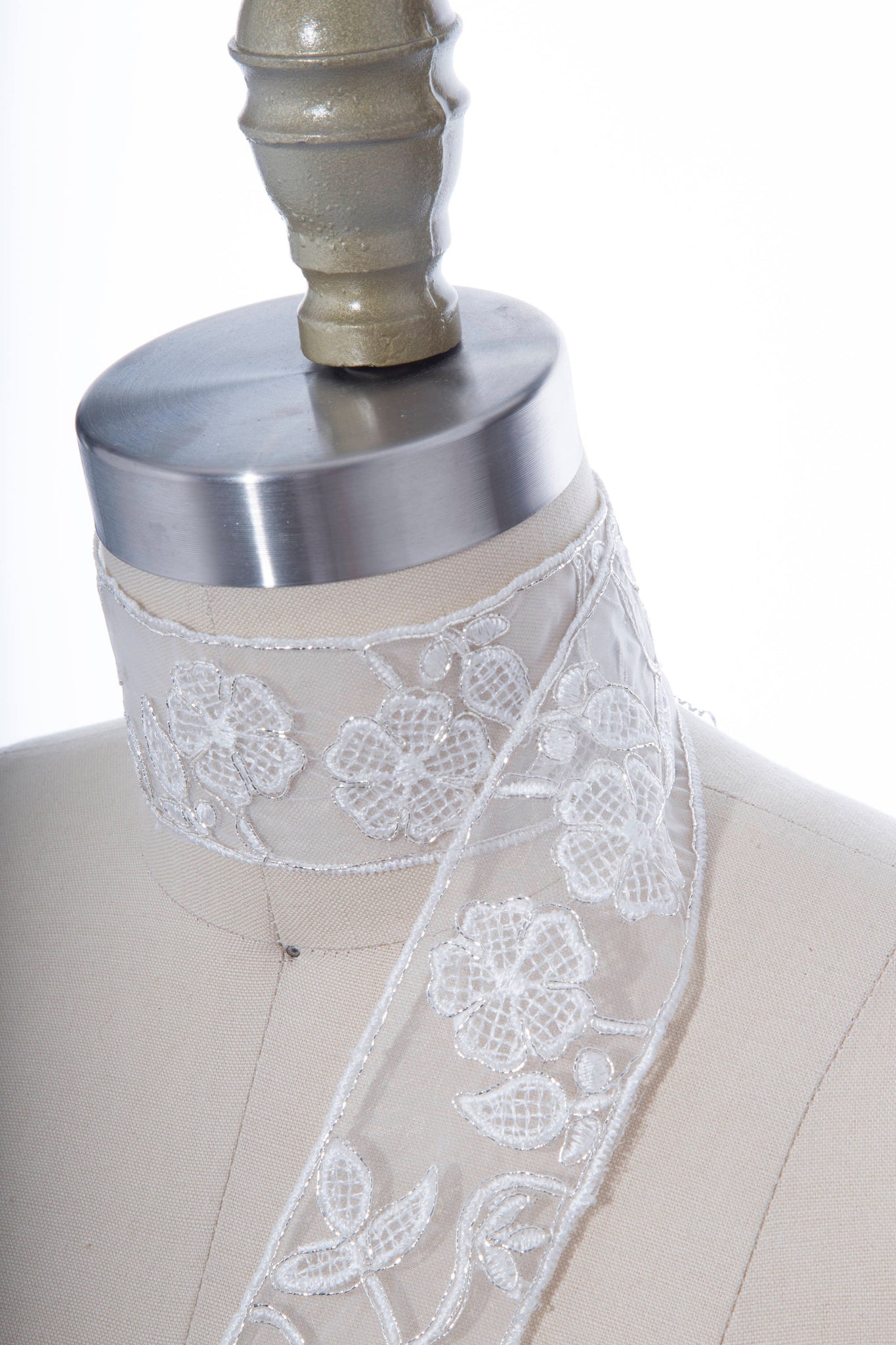 Sheer White and Silver Polyester Flower Lace Trim with Embroidered Edging and Flower Design