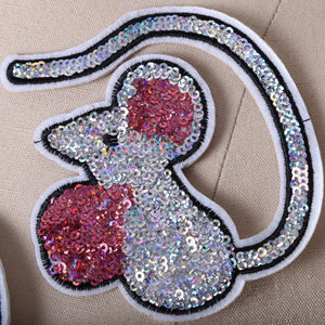 1 Silver Iridescent Sequins Pink Ears and Ball Cheeky Sequined Mouse Patch