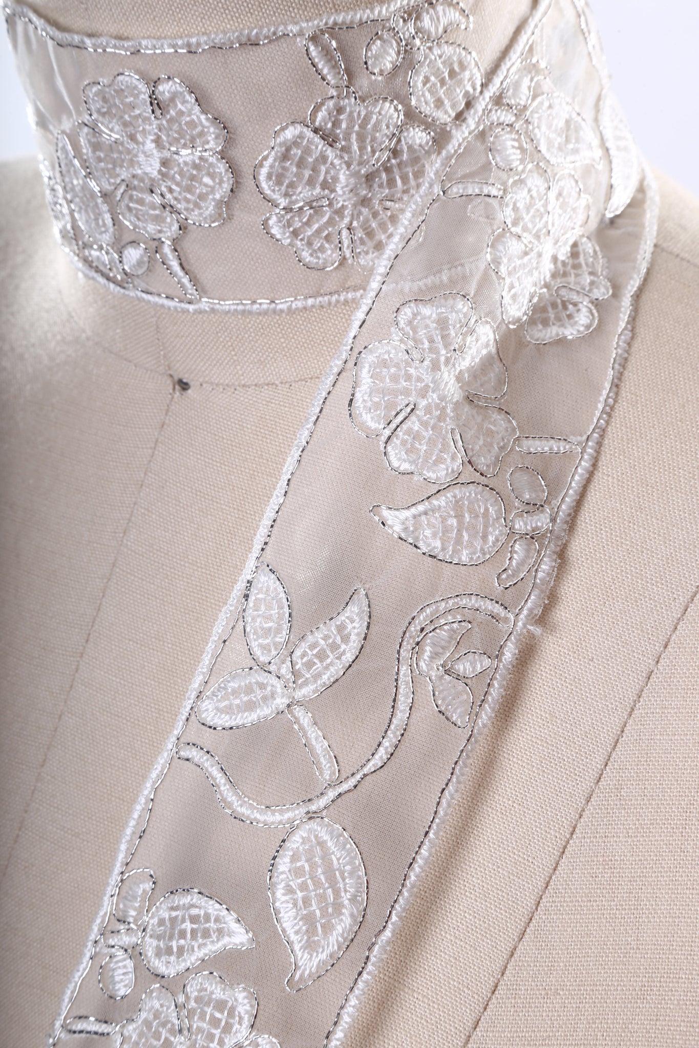 Sheer White and Silver Polyester Flower Lace Trim with Embroidered Edging and Flower Design