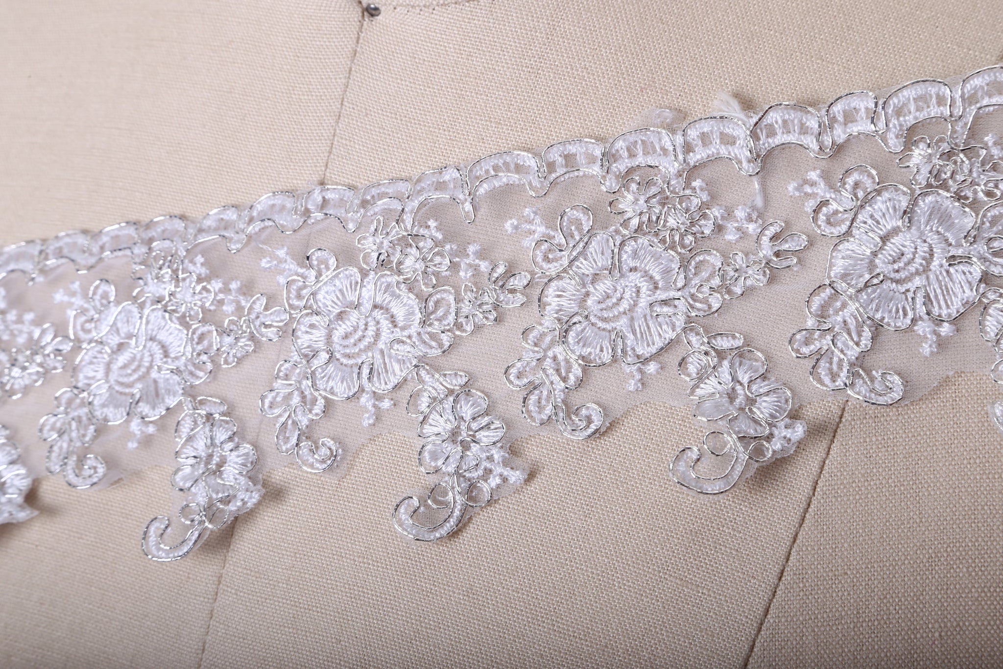 1 Yard Esteemed White and Silver Unbending Sheer Bridal Lace
