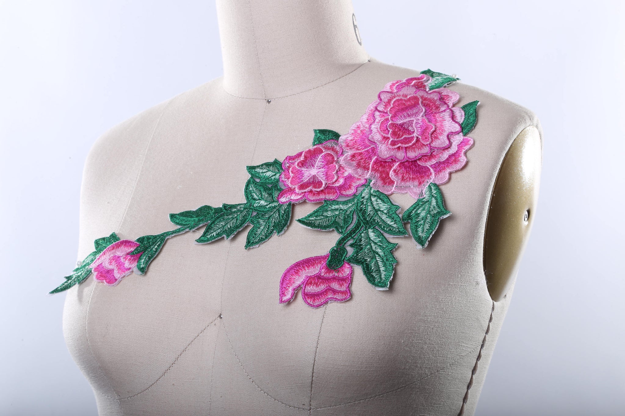 1 Pink and green Embroidered Flower Applique