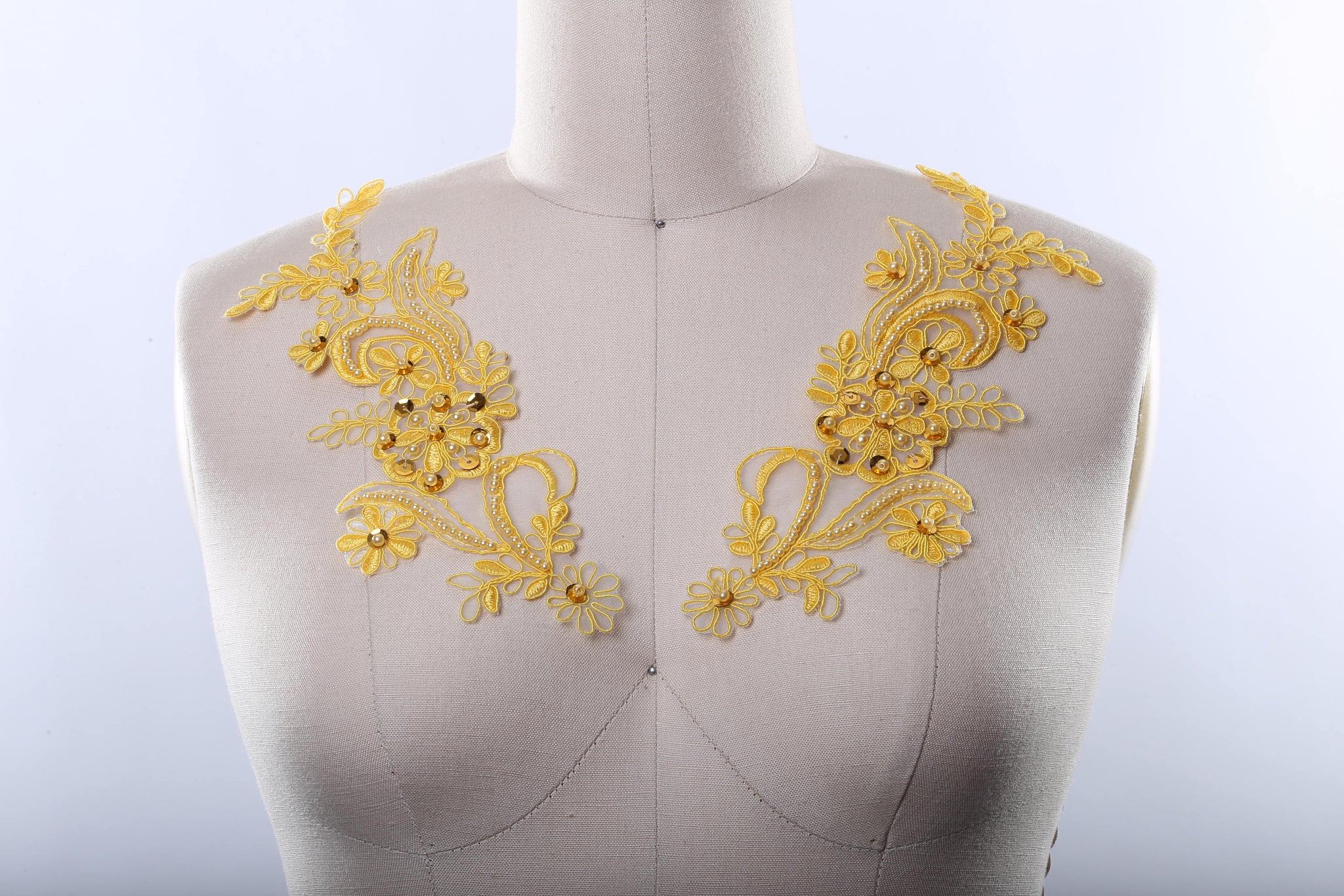 2 Beaded and Lace Yellow Appliques Filled with Pearl-Like Beads