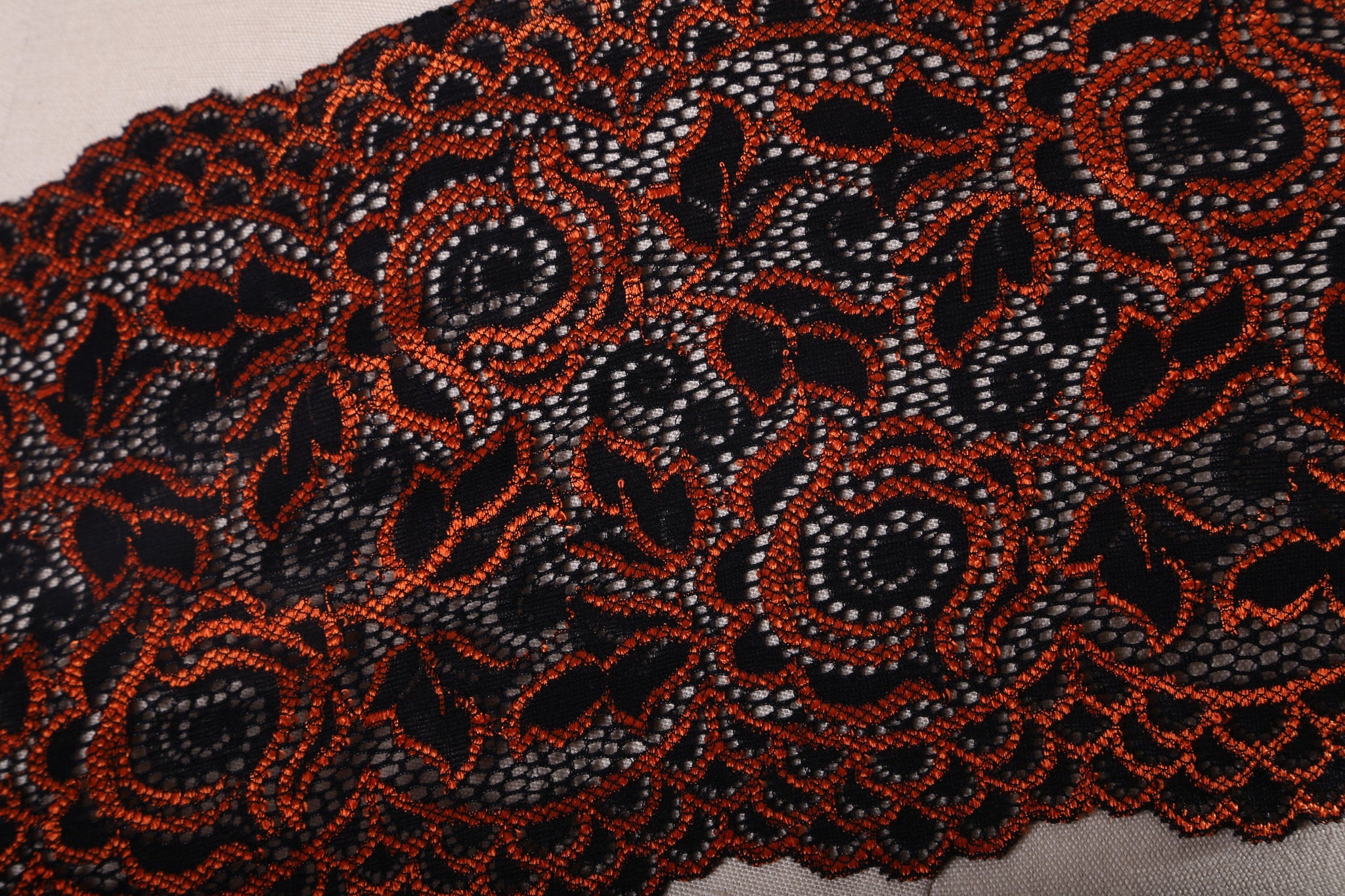 1 Yard 6" Orange and Black Modern Rose Motif Stretch Lace Trim