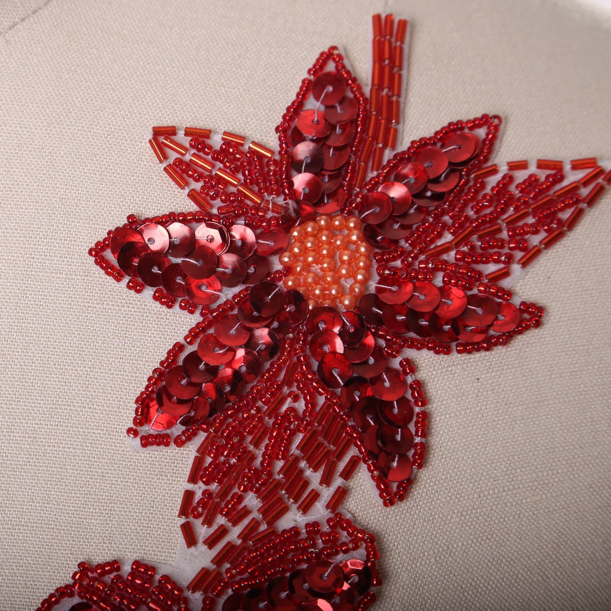 2 Red Beaded and Sequined Flower Patches/Appliques