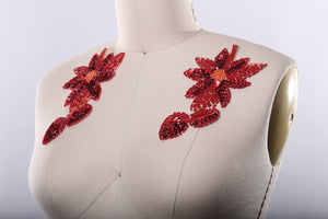 2 Red Beaded and Sequined Flower Patches/Appliques