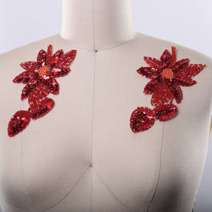 2 Red Beaded and Sequined Flower Patches/Appliques