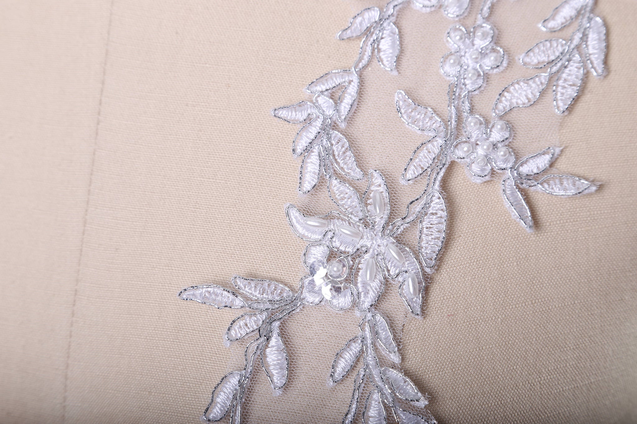 1 Pair White and Silver or Gray and  Silver lace  Applique with Elongated Leafs.