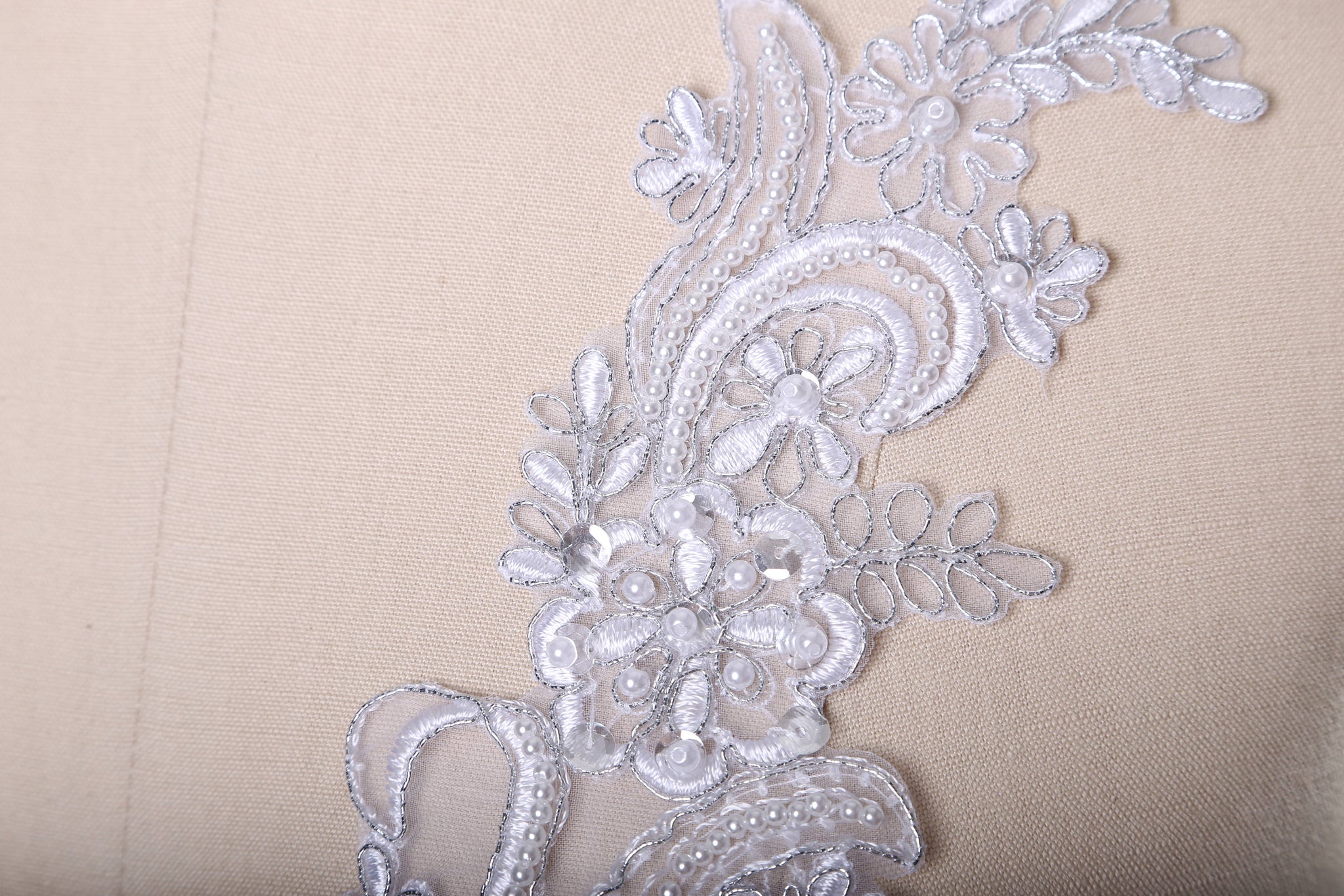 2 Pieces Shimmery Silver/Gray or White/Silver Pearl Details Lace Applique