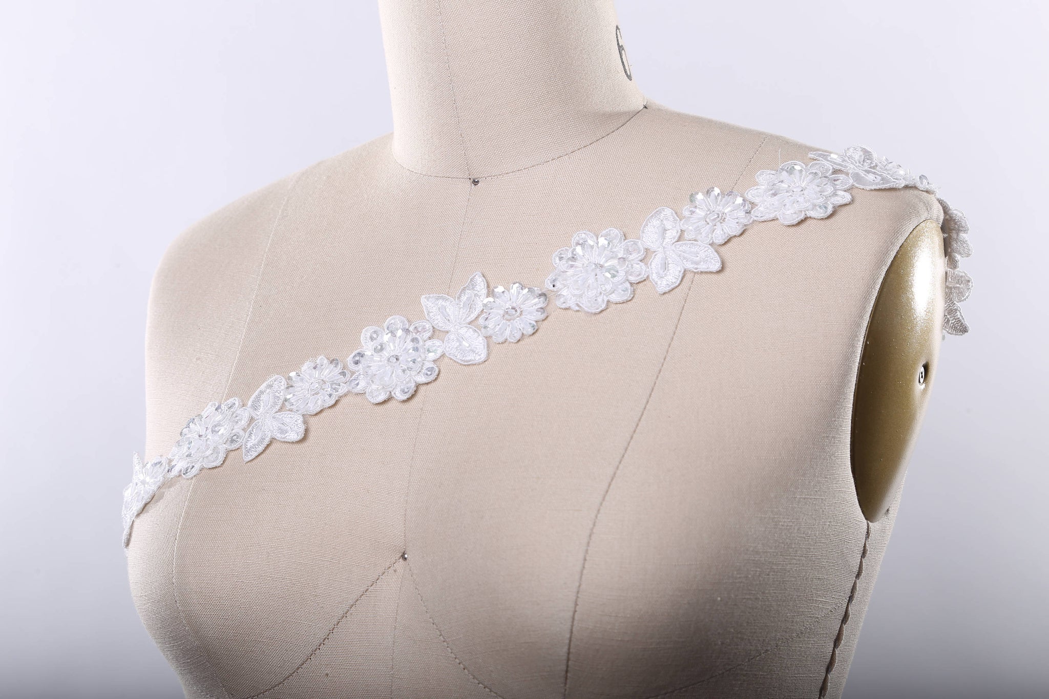 18" White or Ivory Lace Trim with Beaded 3D Flower and Leaf
