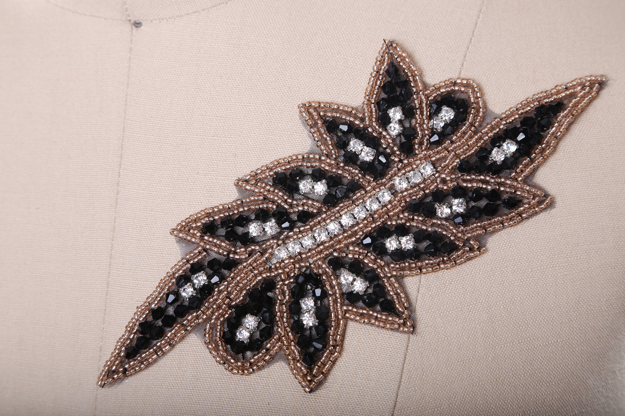 Champagne Leaf Patch/Applique with Black and Silver Rhinestone