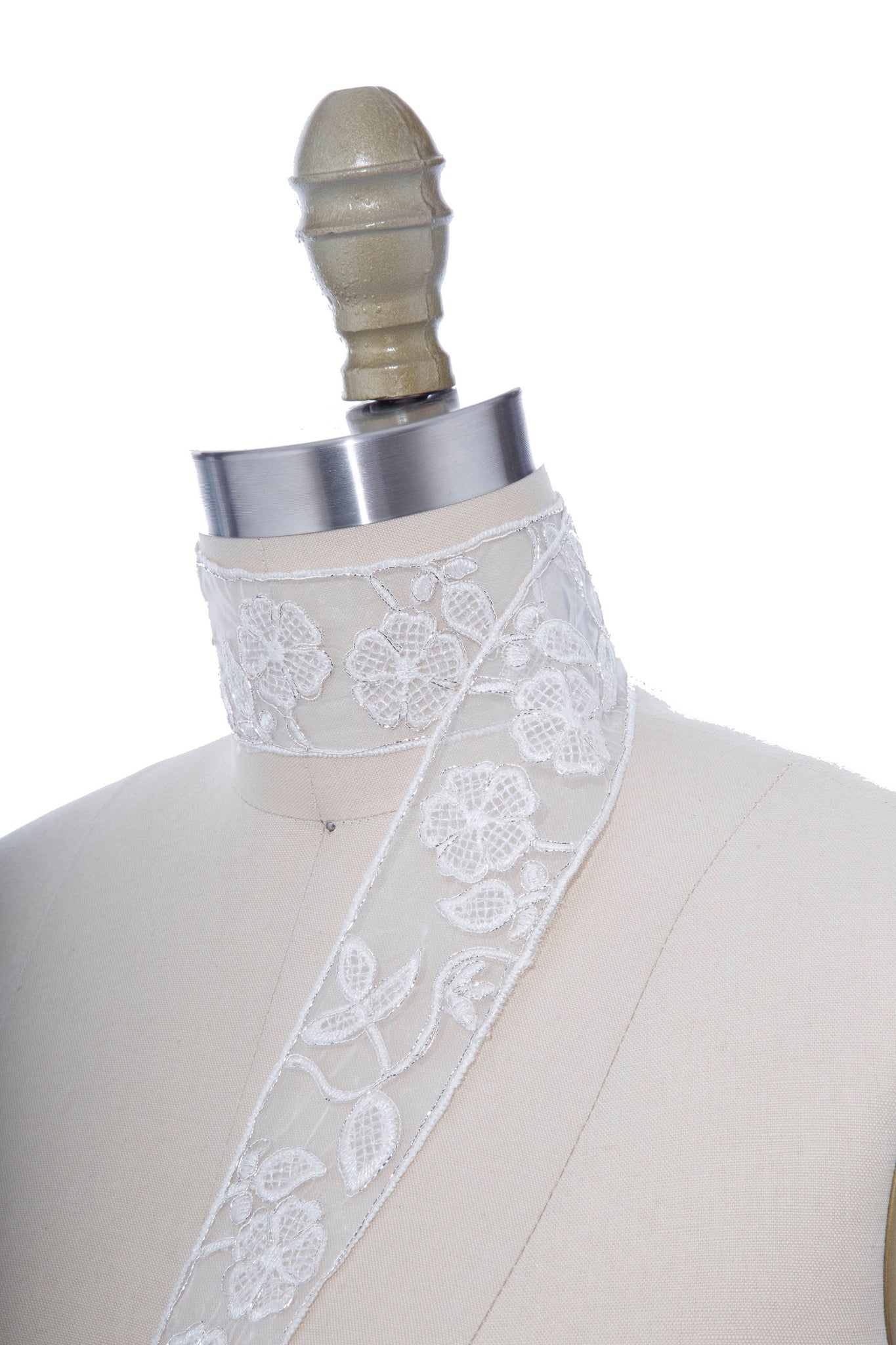 Sheer White and Silver Polyester Flower Lace Trim with Embroidered Edging and Flower Design