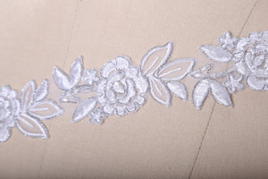 1 Yard 1.5" White and Silver Rose Bridal Lace Embellished with Beaded Trim