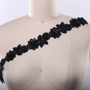 1/2 Yard 1.75" Black Beaded 3D Flower and Leaf Lace Trim