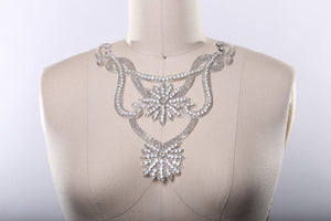 1 Gold or Silver Rhinestone Iron on Collar Neckline Applique with Flower Center